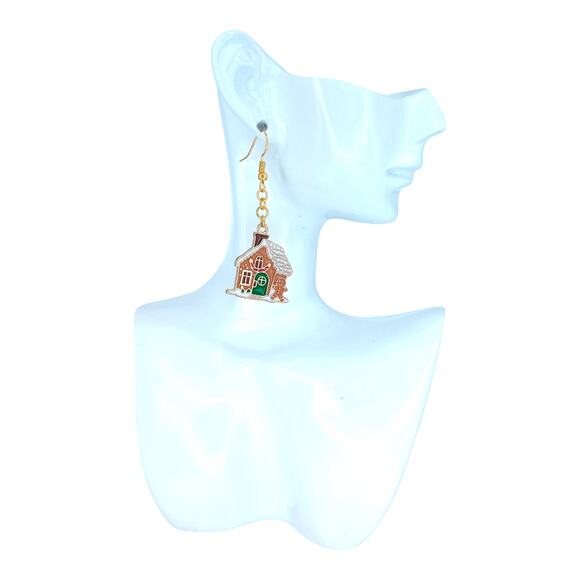Gingerbread house dangle earrings — holiday Christmas jewelry - Picture 4 of 4